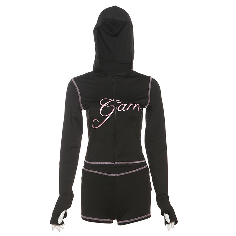 Wholesale Leopard print slim fit hooded high waist zip up shorts set