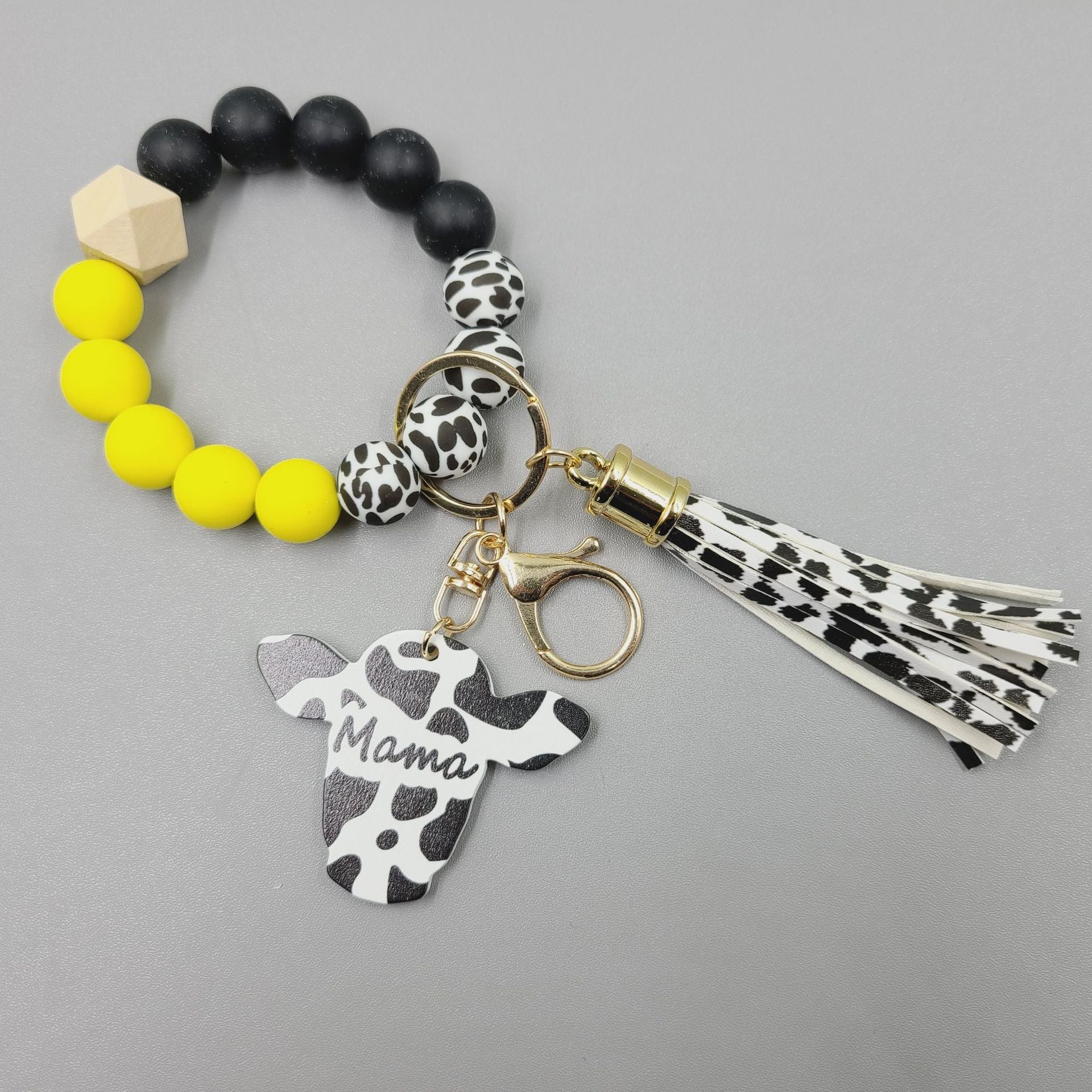Wholesale Western Style Wood Chips MAMA Bull Head Silicone Beads Bracelet Keychain