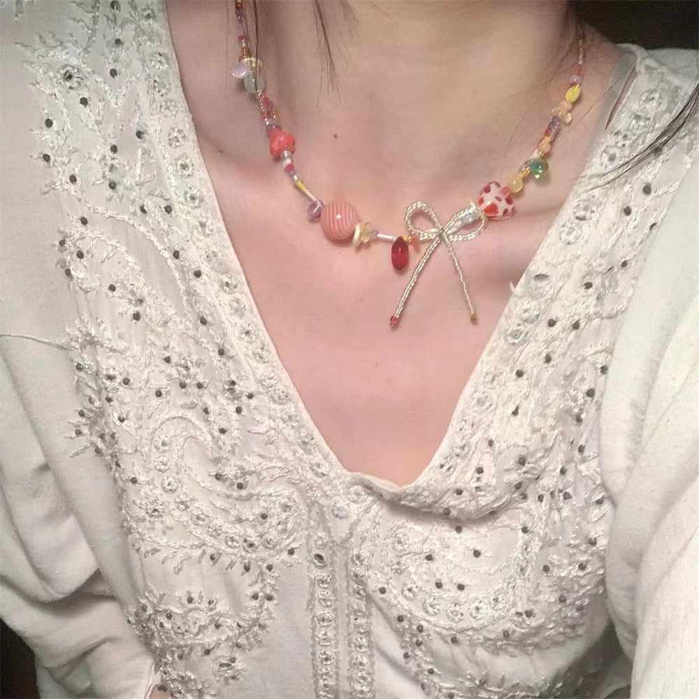 Wholesale Summer Dopamine Colorful Beaded Bow Clavicle Necklace