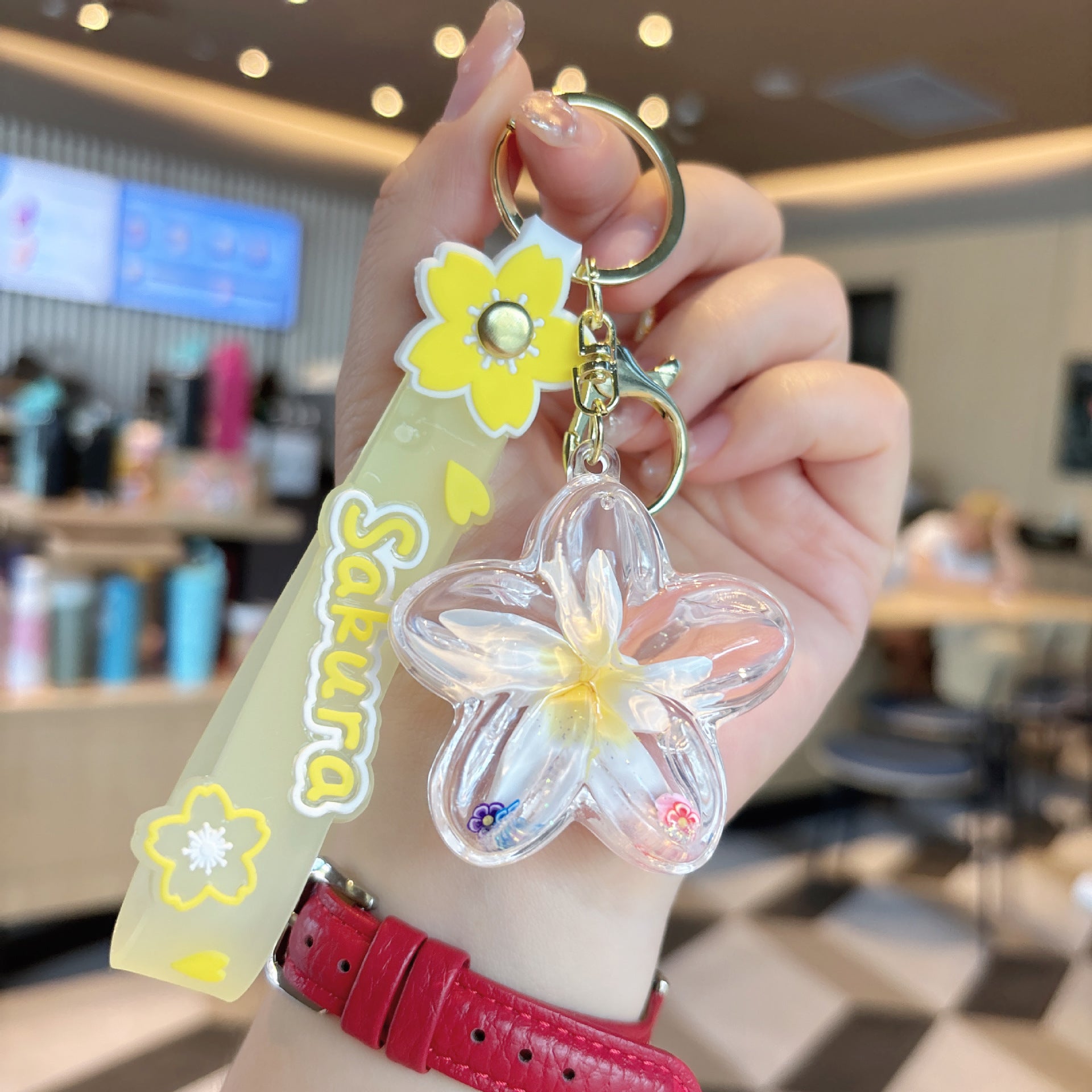 Wholesale Acrylic Liquid Sand Plumeria Keychain