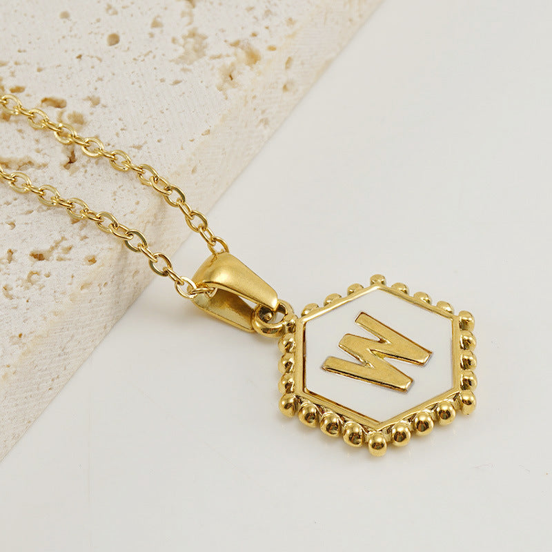 Wholesale Stainless Steel Plated Hexagonal Natural Shell Letter Pendant 18K Necklace