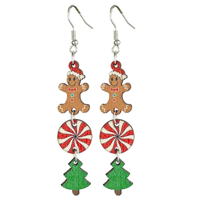 Wholesale 2pairs/pack Christmas Wooden Gingerbread Man Christmas Tree Snowman Atmosphere Fawn Drop Earrings