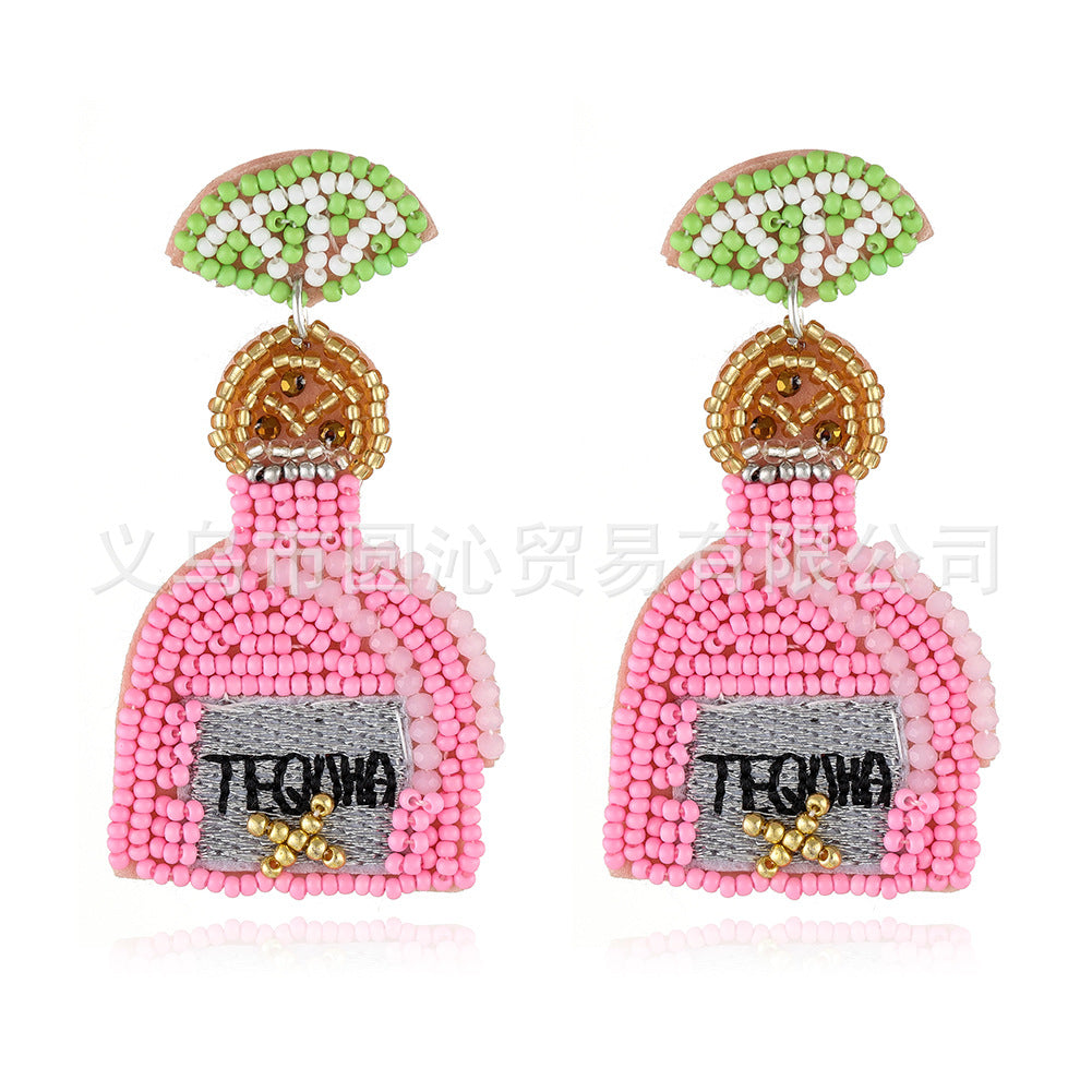 Wholesale Bohemian Handmade Fabric Rice Beads Wine Bottle Flower Earrings