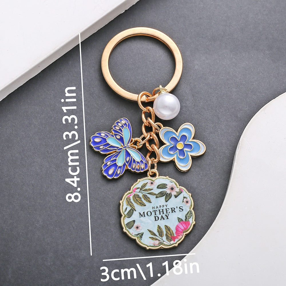 Wholesale Oil Dropping Pink Butterfly Flowers Pearl MOTHER' S DAY Keychain Jewelry Pendant Mother Holiday Gift