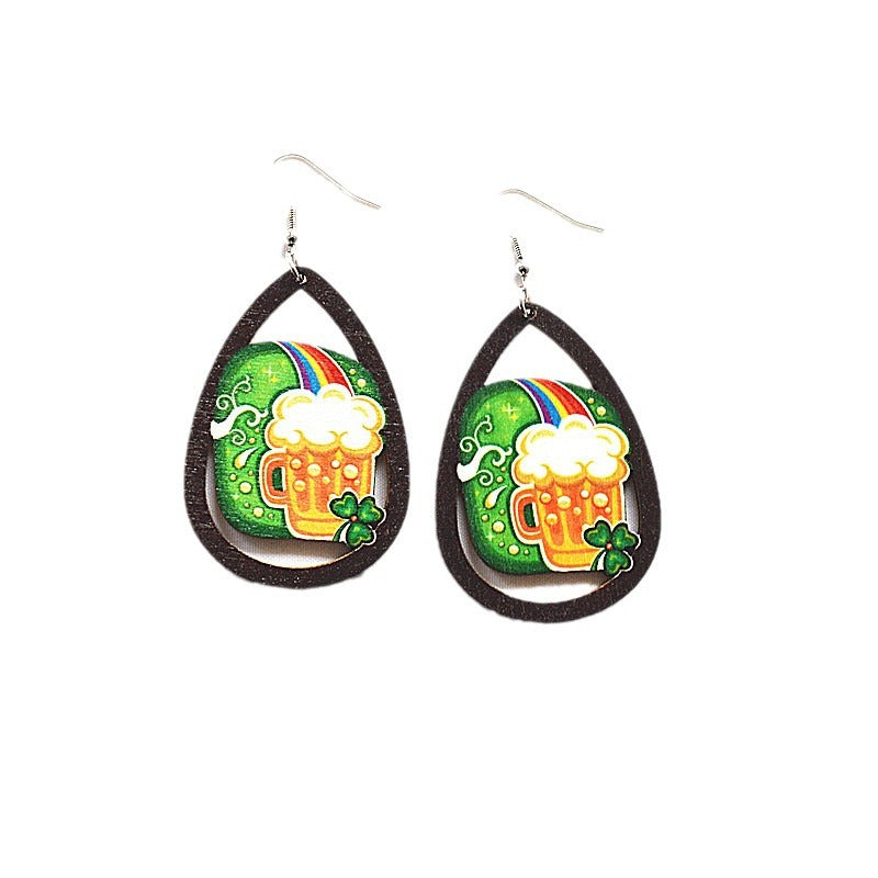 Wholesale innovative wooden St. parcret festival clover green rainbow dwarf Irish earrings