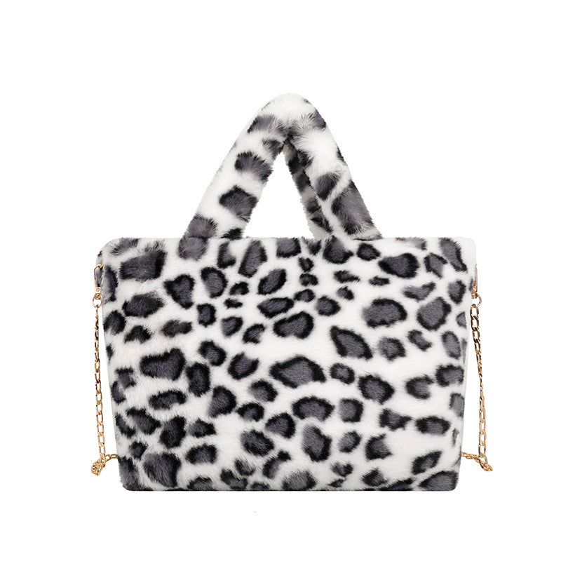 Wholesale Plush Leopard Print Tote Bag Handbag Chain Crossbody Bag