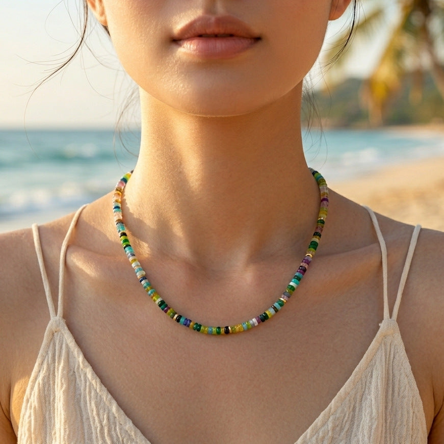 Wholesale Jewelry Set Colorful Dopamine Bohemian Style Beaded Tiger Eye Stone Bracelet Natural Stone Necklace