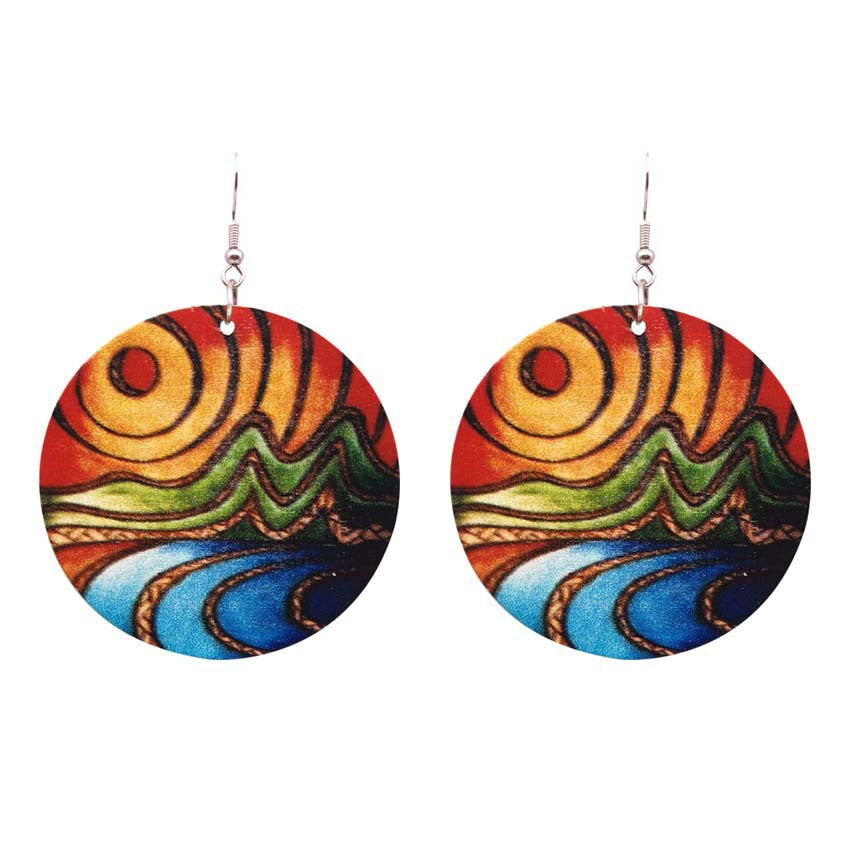 Wholesale African Head Print Colorful Round Wooden Earrings
