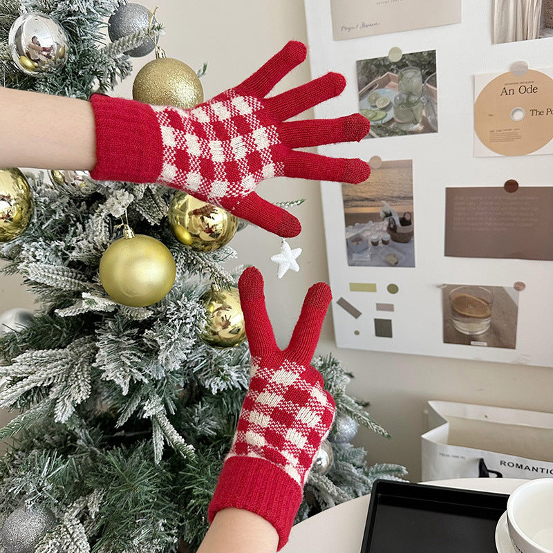 Wholesale Christmas Red Wool Knitted Warm Touch Screen Split Finger Gloves