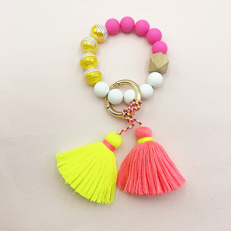 Wholesale Horizontal Multicolor Acrylic Beads Handmade Beaded Bracelet Double Ended Thread Tassel Keychain