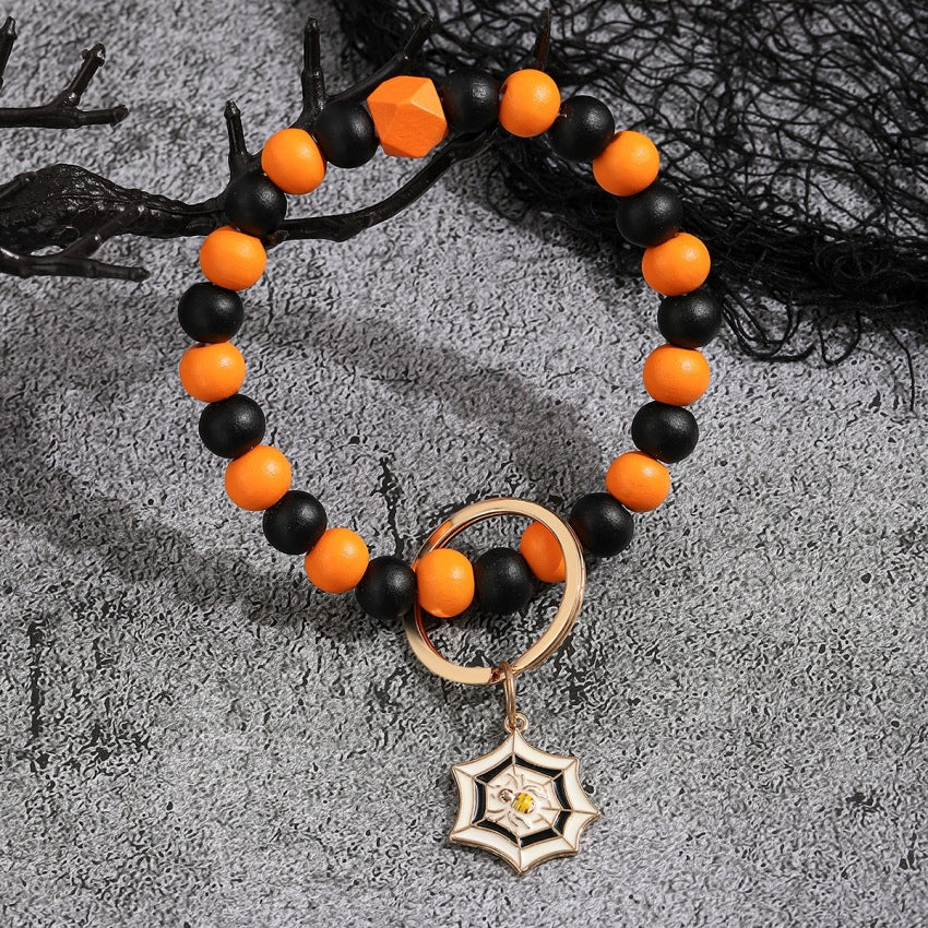 Wholesale Halloween Pumpkin Wooden Beaded Wrist Keychain