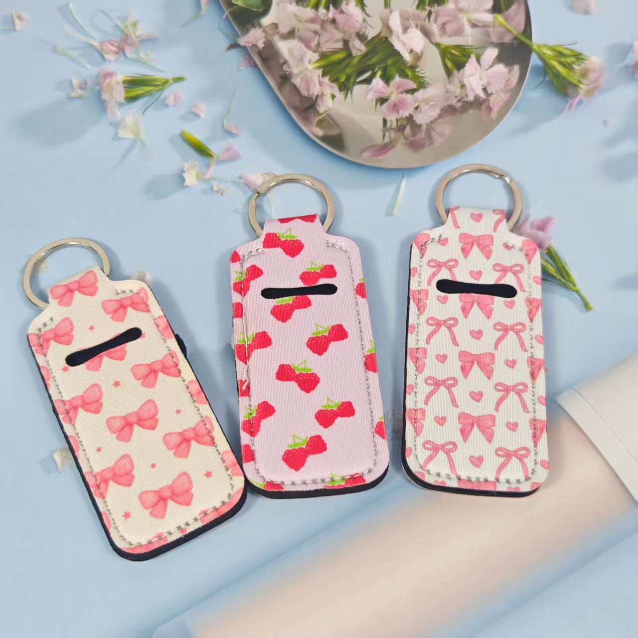 Wholesale Printed sunflower women' s lipstick bag Chapstick Holder keychain
