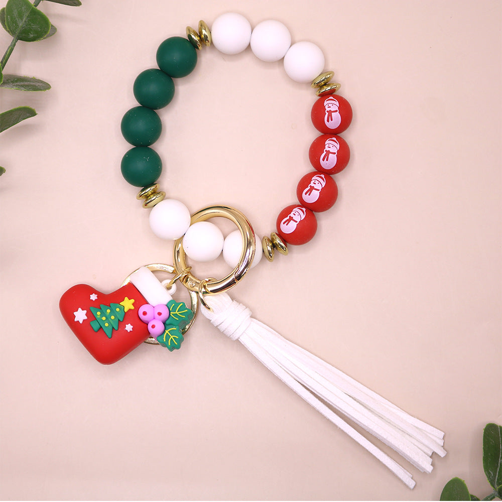 Wholesale 10PCS Silicone Christmas Elk Christmas Tree Beaded Wrist Keychain