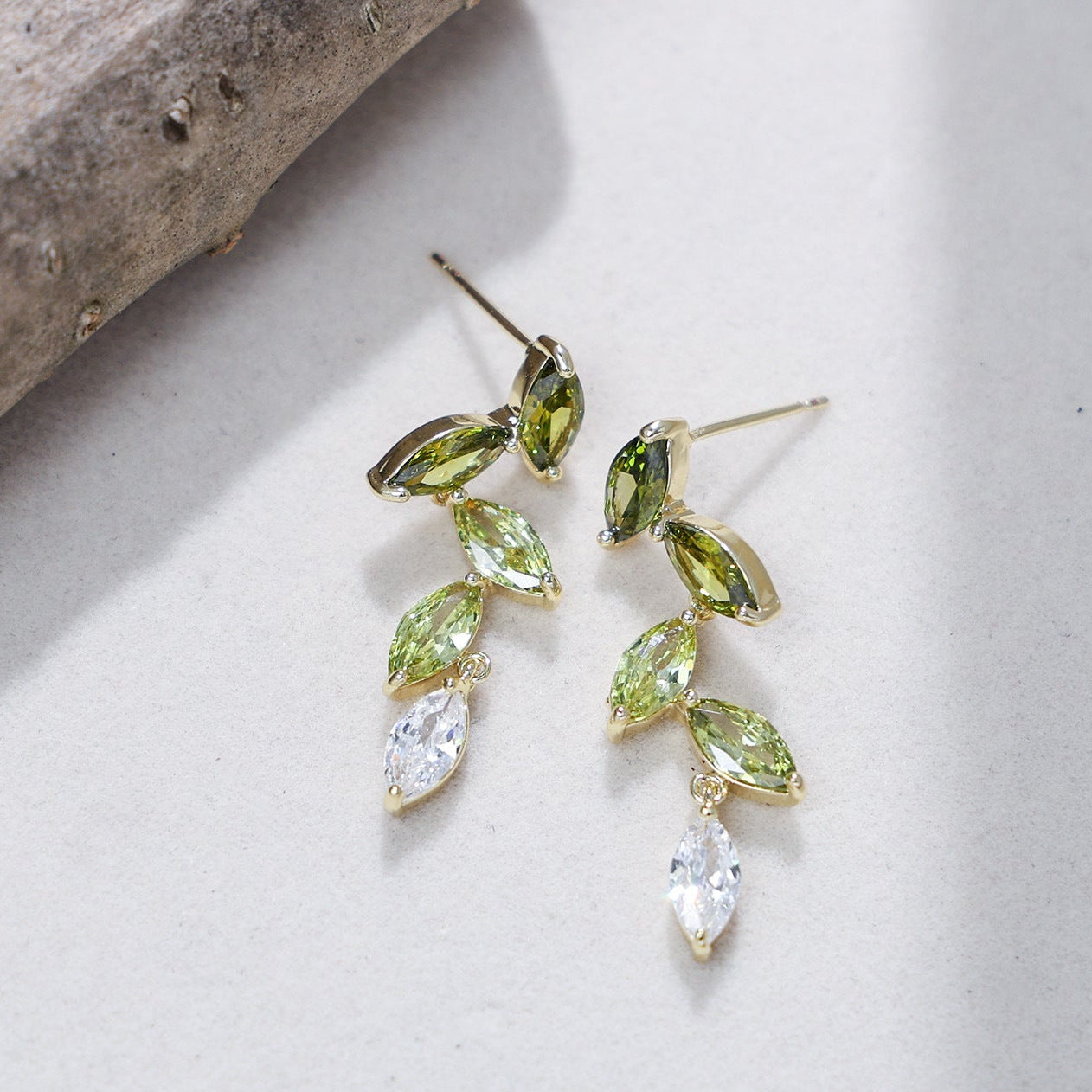 Wholesale Olive Green Gradient Zircon Leaf Earrings