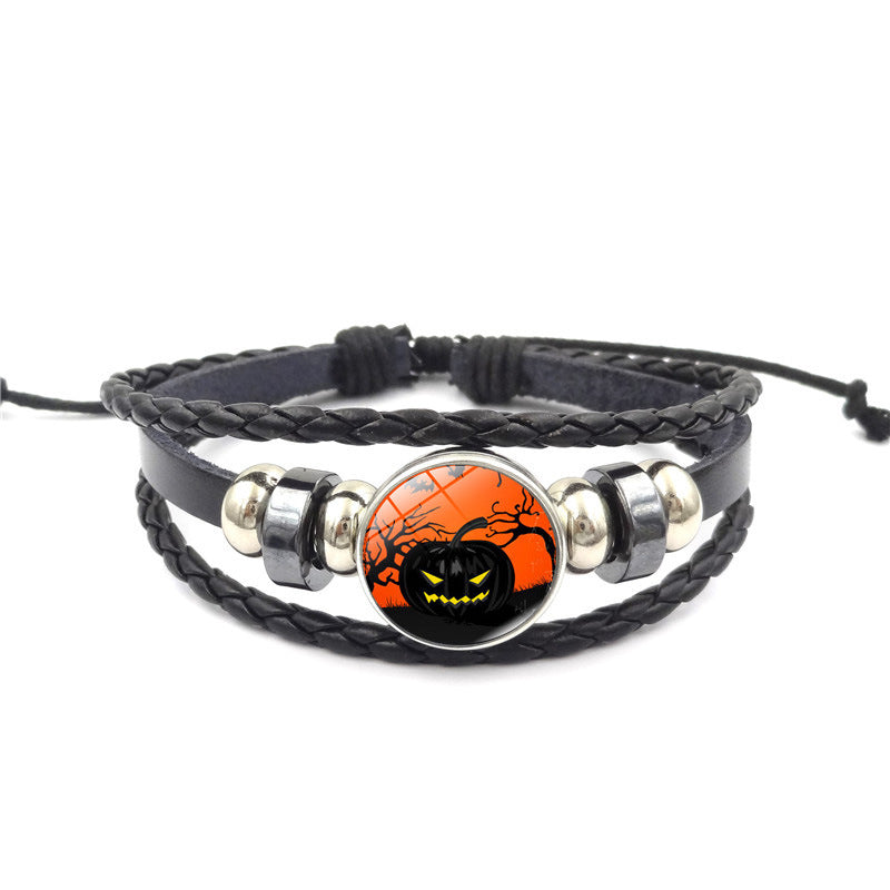 Wholesale Halloween Pumpkin Time Stone Leather Beaded Alloy Bracelet