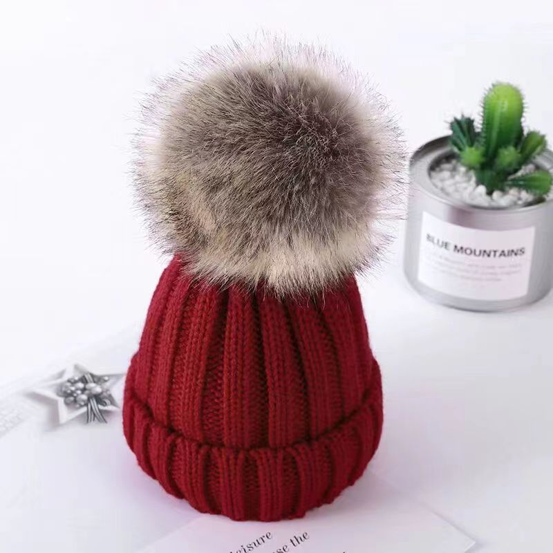 Wholesale of Winter Parent-child Large Wool Ball Knitted Hats and Wool Hats
