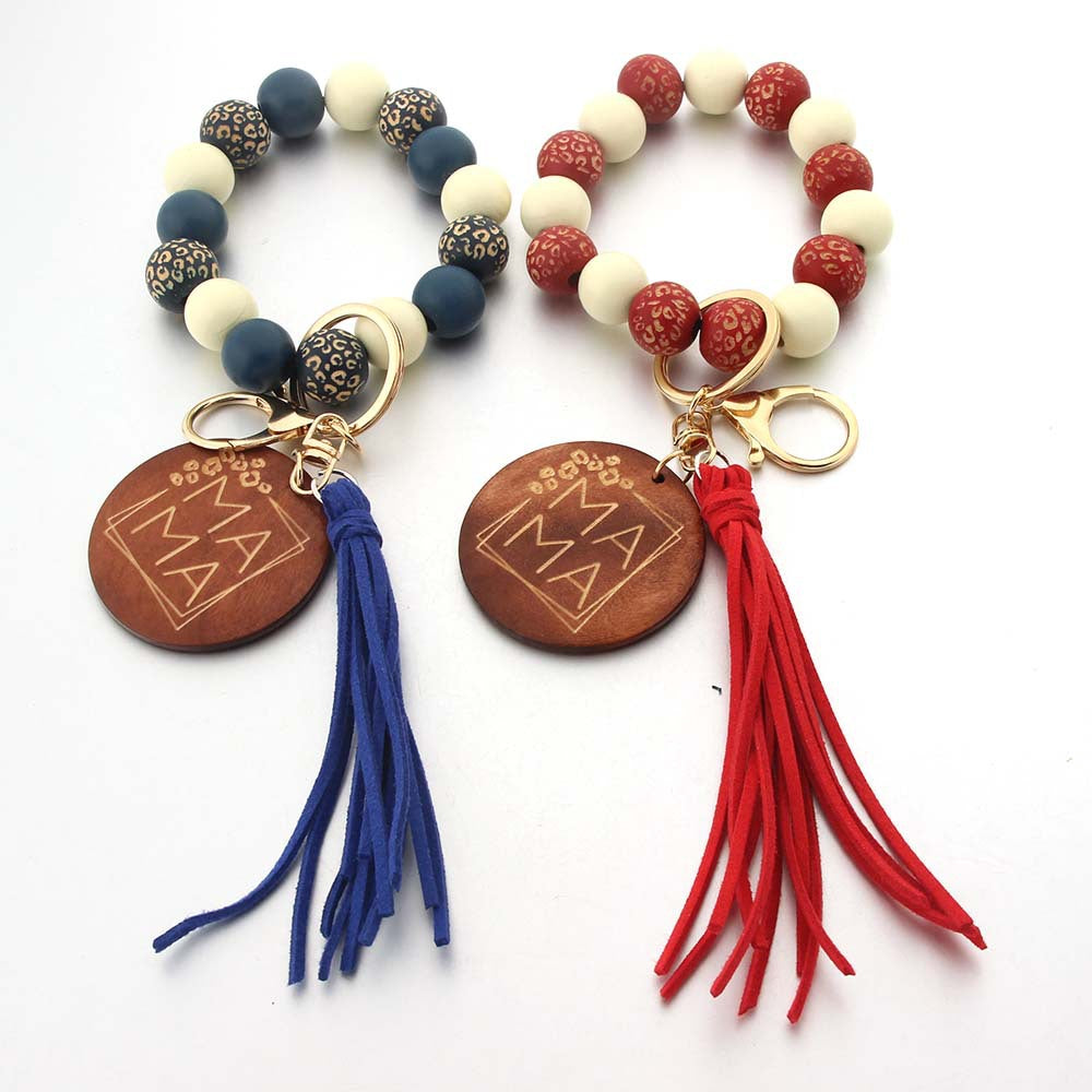 Wholesale MAMA Wooden Plaque Wooden Beads Tassel Bracelet Keychain