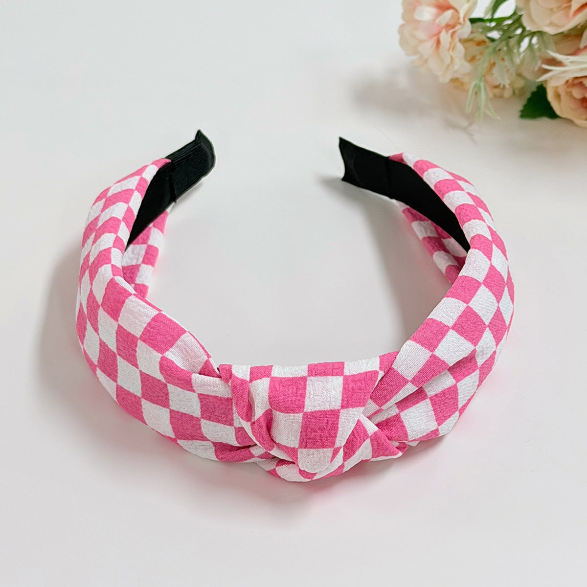 Wholesale Pink pearl checkerboard fabric printed wide edge knotted headband