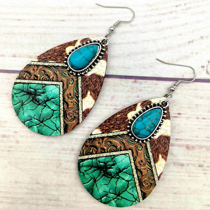 Wholesale Western Style Cow Pattern Turquoise Leather Drop Earrings