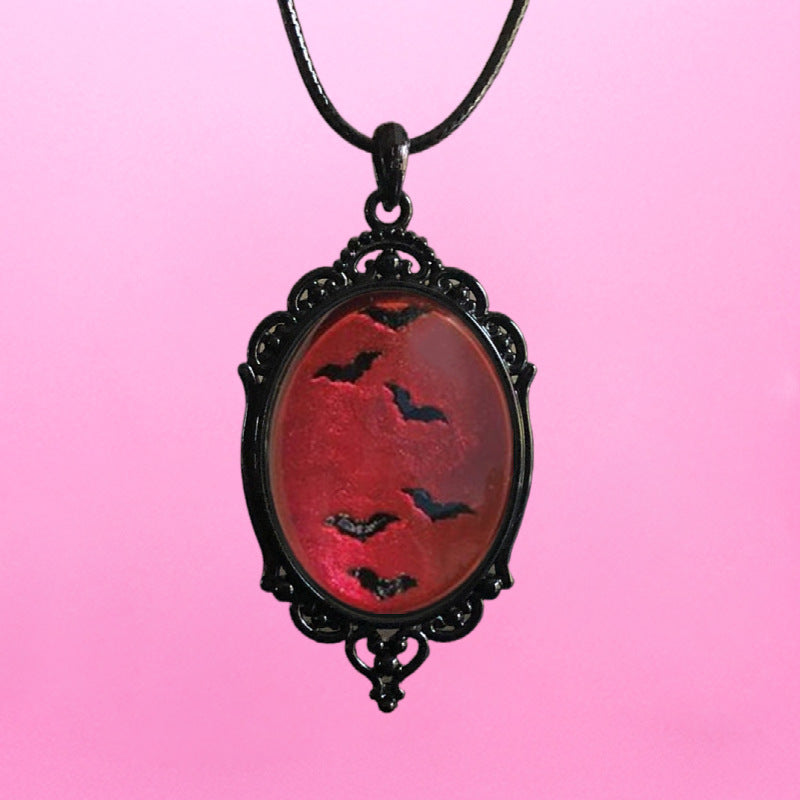 Wholesale Gothic Red Bat Glass Pendant Black Necklace