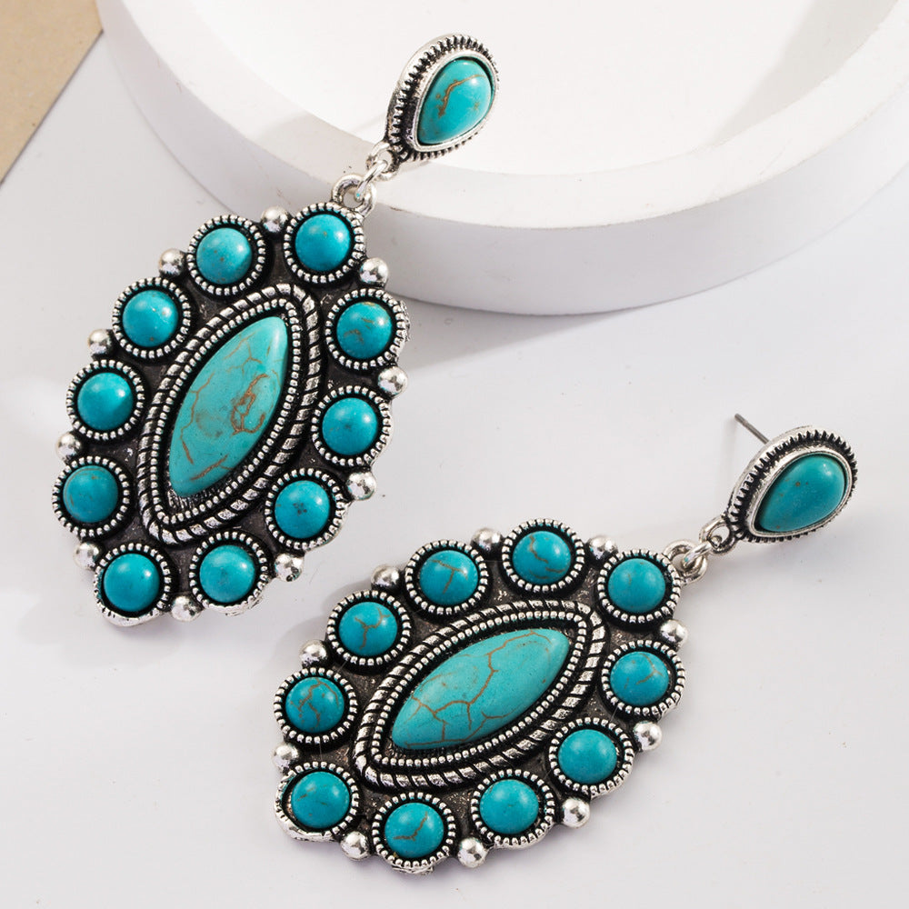 Wholesale Vintage Bohemian Turquoise Leather Exaggerated Earrings