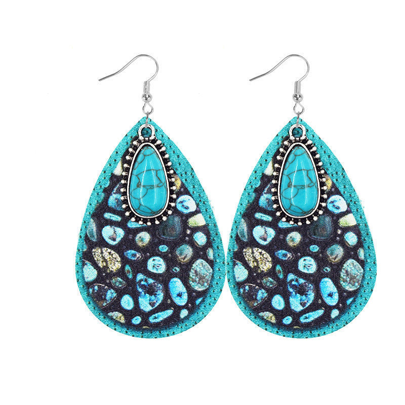 Wholesale Aztec Water Drop Alloy Turquoise Leather Earrings
