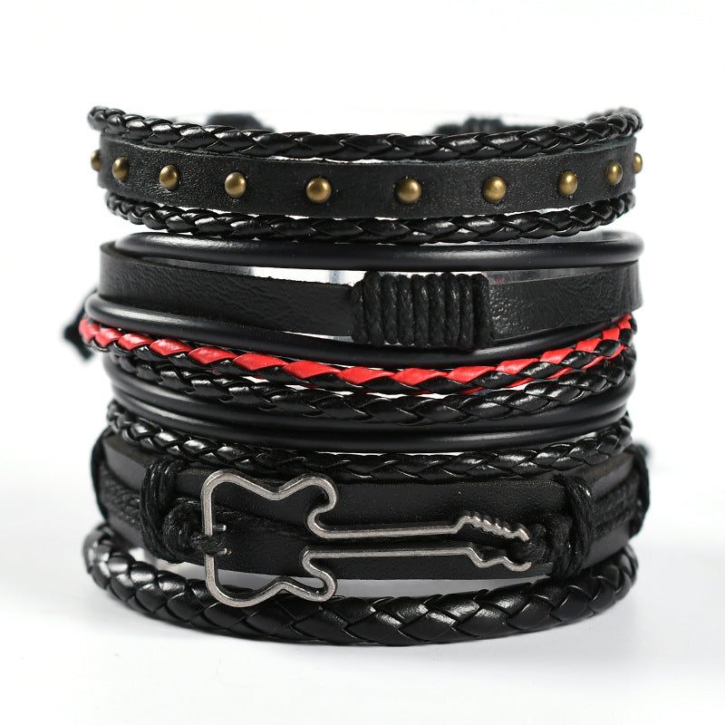 Wholesale Men's Braided Leather Bracelet Multi-layer Set Skull Bracelet