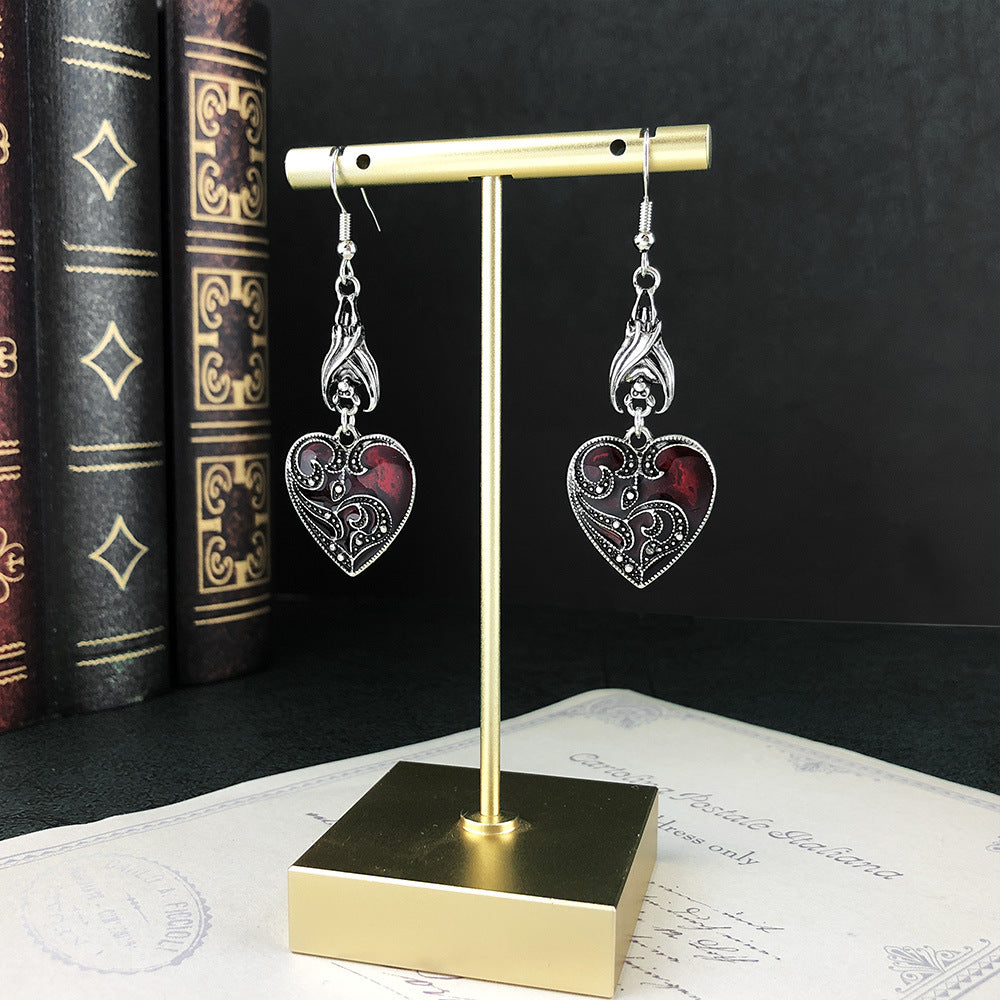 Wholesale Halloween Alloy Gothic Style Black Bat Dripping Oil Heart Shape Pattern Earrings