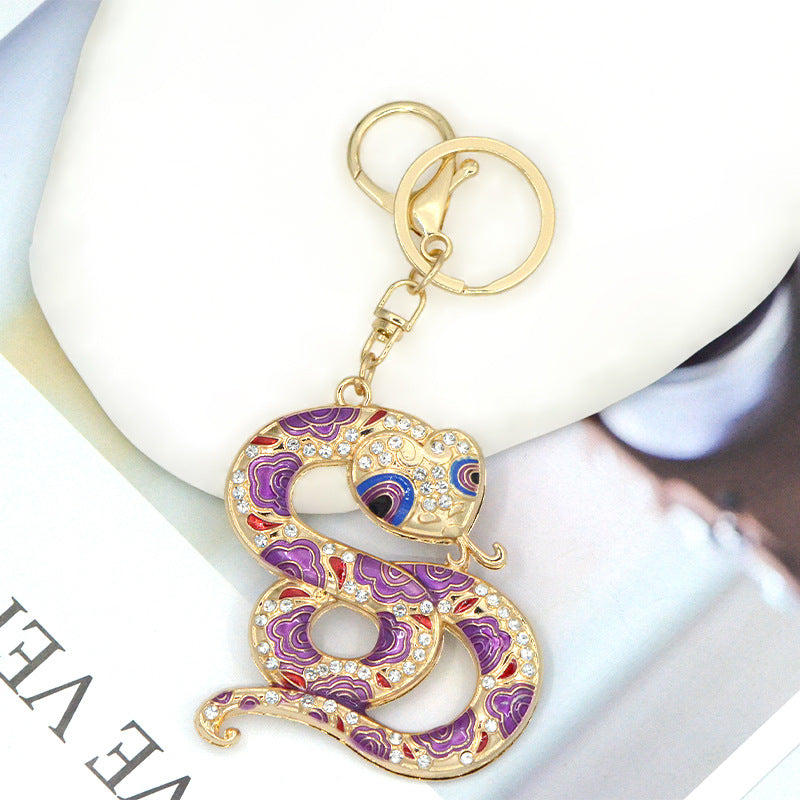 Wholesale Chinese Style Pattern Small Snake Crystal Keychain Zodiac Series Snake Backpack Pendant Alloy Rhinestone