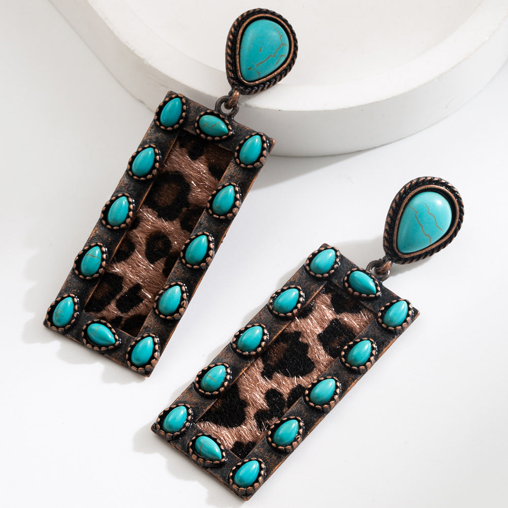 Wholesale Exaggerated Vintage Oval Turquoise Hollow Leopard Leather Earrings