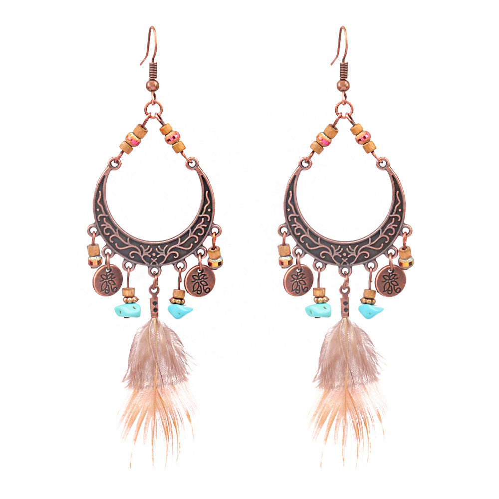 Wholesale Feather Old Long Tassel Alloy Earrings
