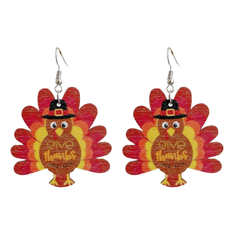 Wholesale Thanksgiving Turkey Water Drop Polka Dot Wooden Earrings