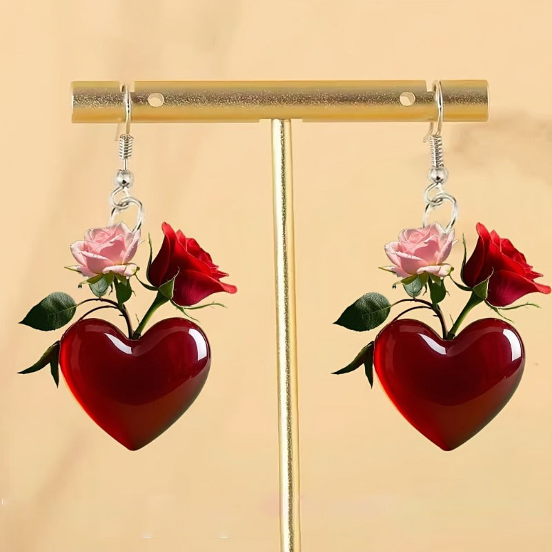 Wholesale Valentine' s Day heart-shaped red rose acrylic earrings