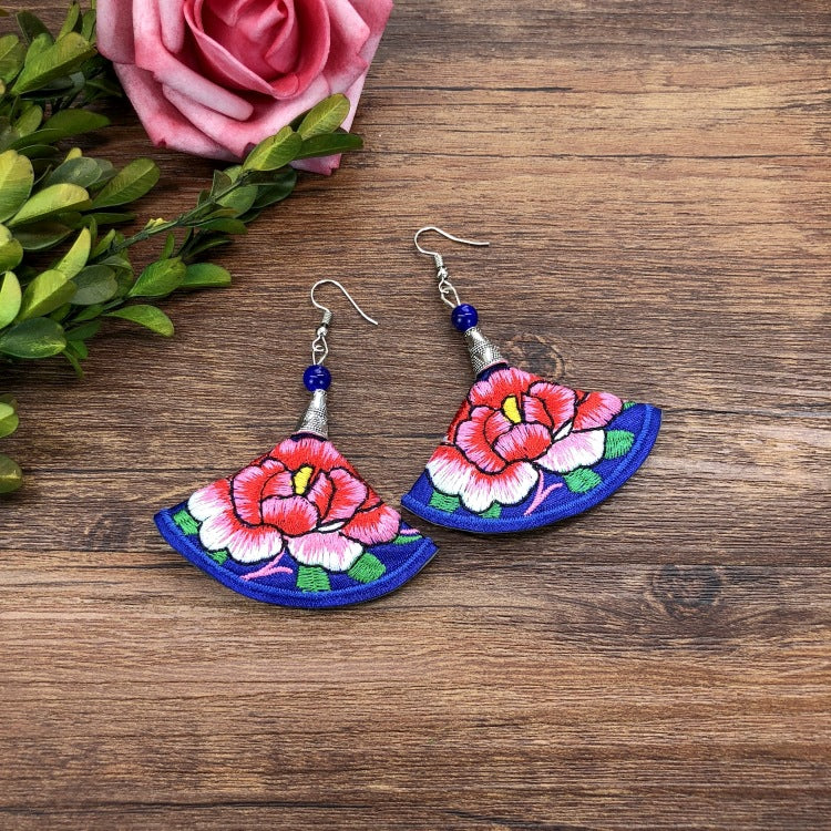 Wholesale Embroidered vintage fabric flower tassel earrings