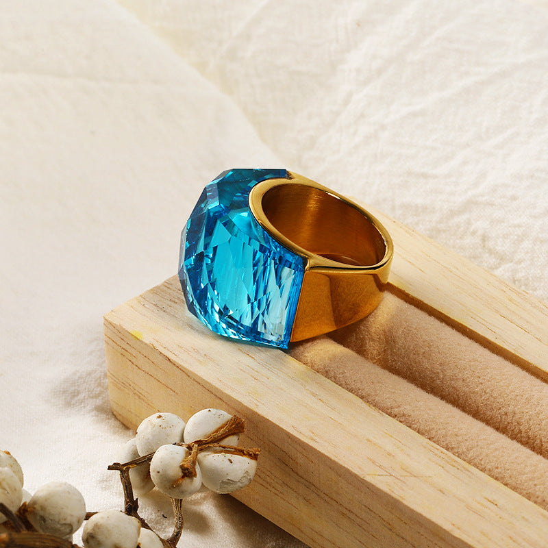 Wholesale Titanium Steel 18k Gold Ring with Large Colored Stones