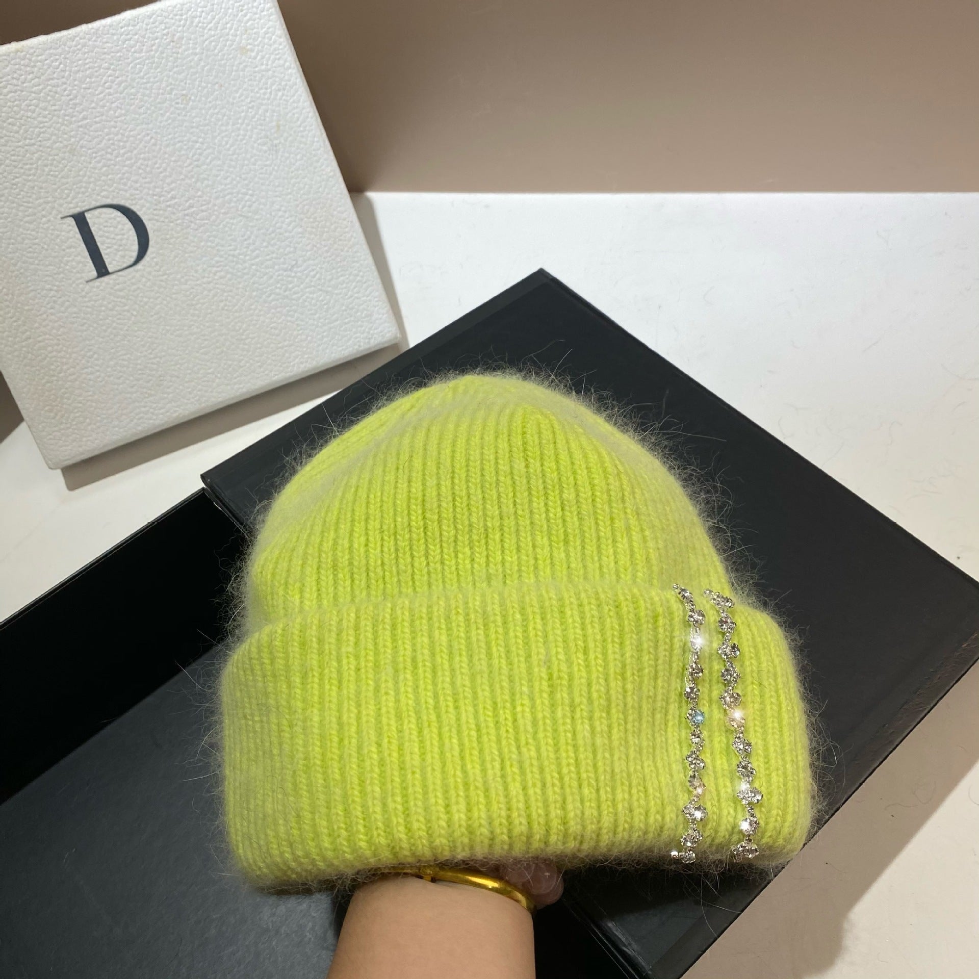 Wholesale Long Rabbit Fur Bi-fold Knitted Rhinestone Beanie