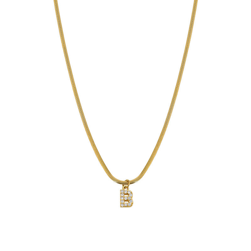 Wholesale French Retro Palace Style Flat Snake Bone Stacking Diamond 26 Letter Titanium Steel Clavicle Chain Necklace