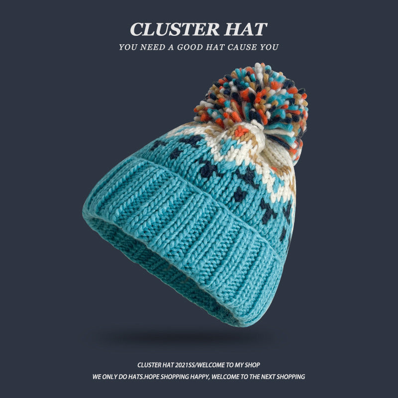 Wholesale Autumn and Winter Warm Thick Ear Protection Wool Versatile Fashion Age-reducing Cute Wool Ball Knitted Hat