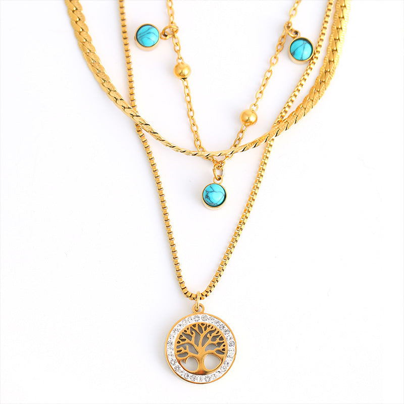 Collares de acero de titanio de oro de doble capa de árbol de vida al por mayor