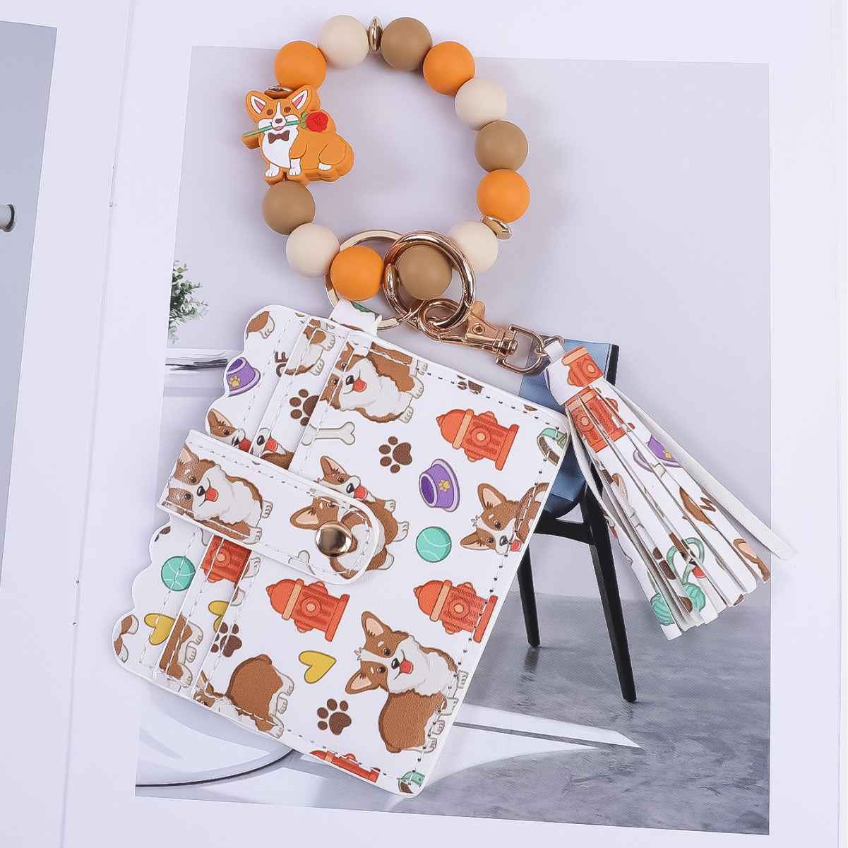 Wholesale Silicone Bead Bracelet Card Holder Keychain PU Tassel Beaded Animal Print