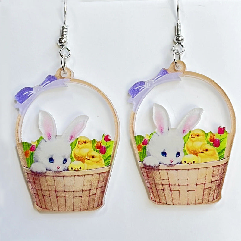 Wholesale Rabbit Flower Basket Cute Printed Easter Egg Chicken Spring Flower Earrings
