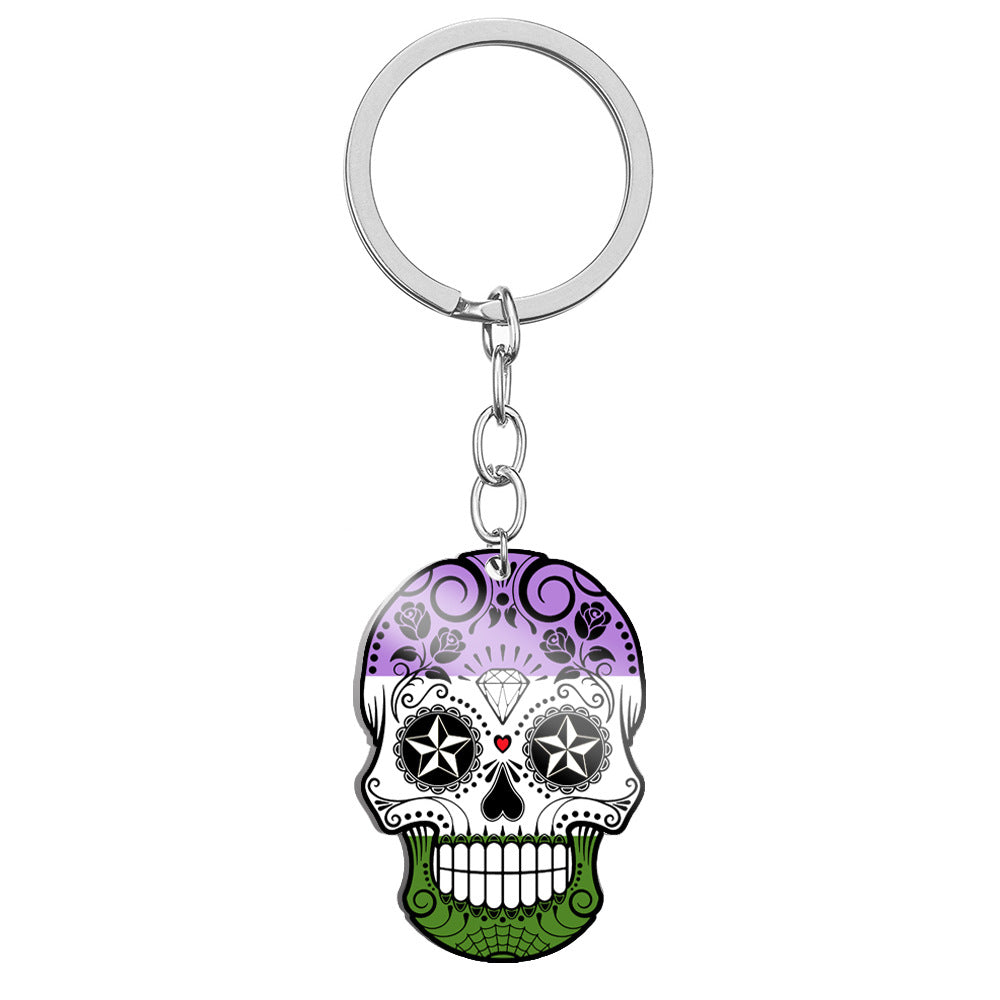Wholesale 6 Color Rainbow Flag Color Printing Titanium Steel Skull Stainless Steel Keychains