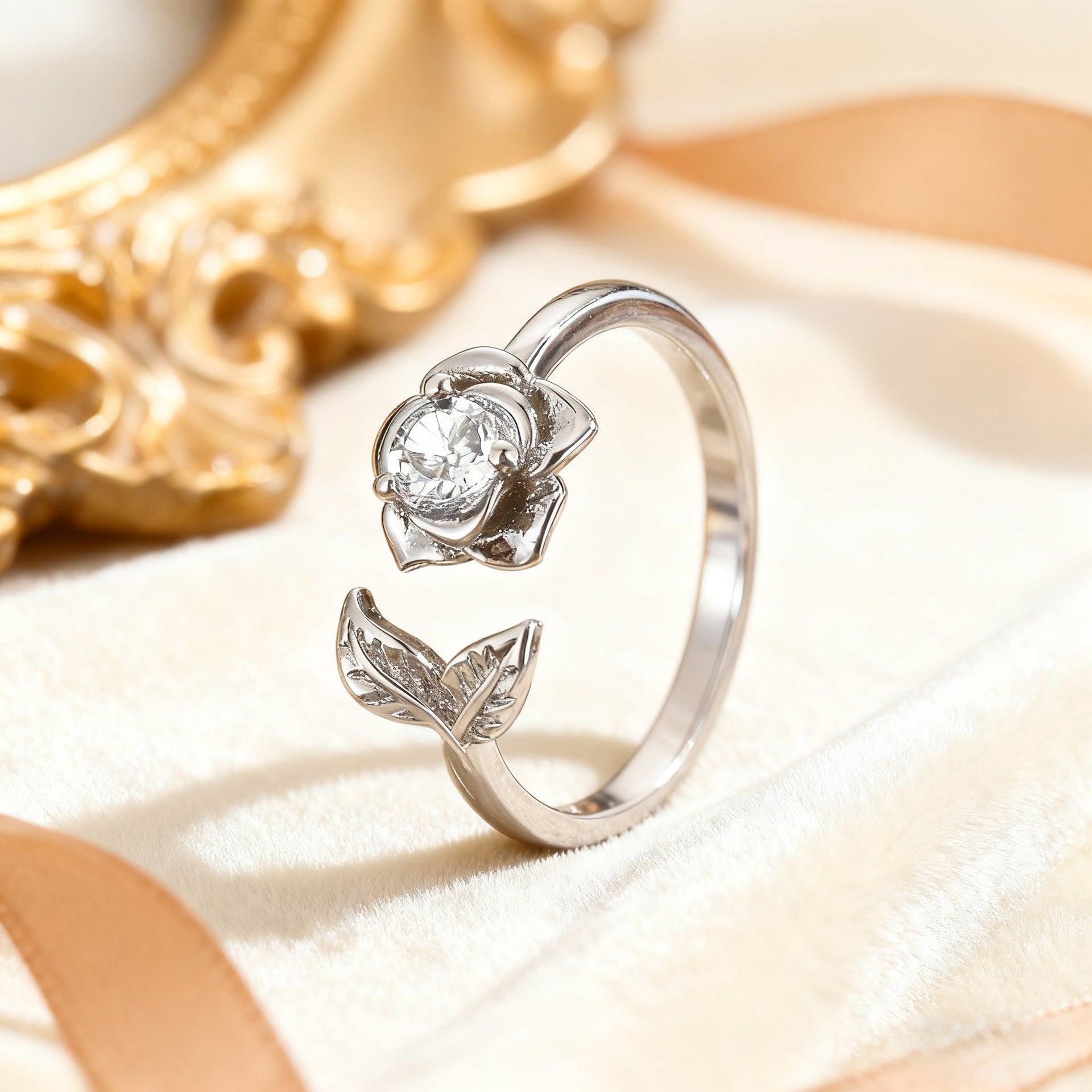Wholesale Valentine' s Day  Open Diamond Fishtail Retro Rose Ring