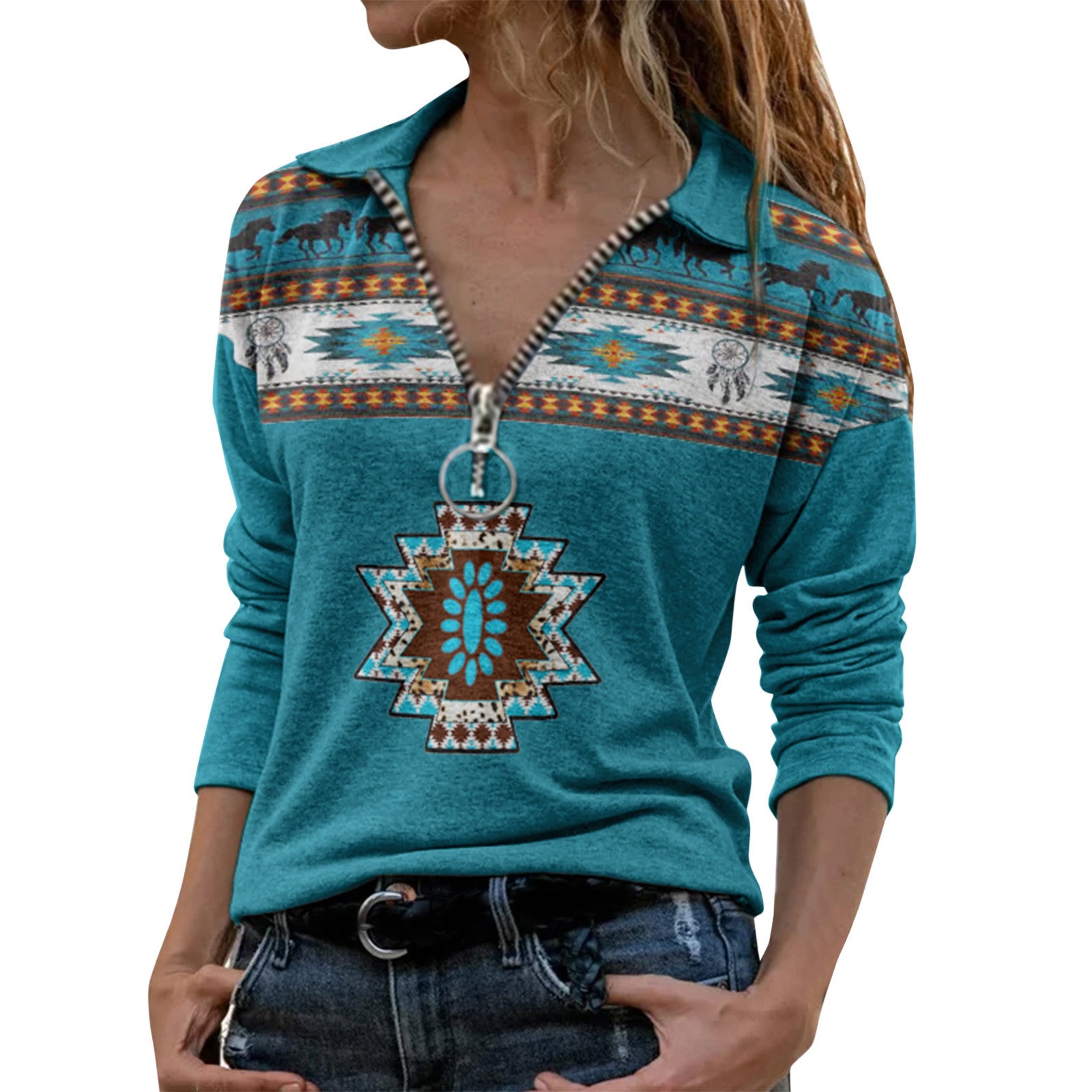 Wholesale Polyester V-neck Zipper Aztec Printed Long Sleeves