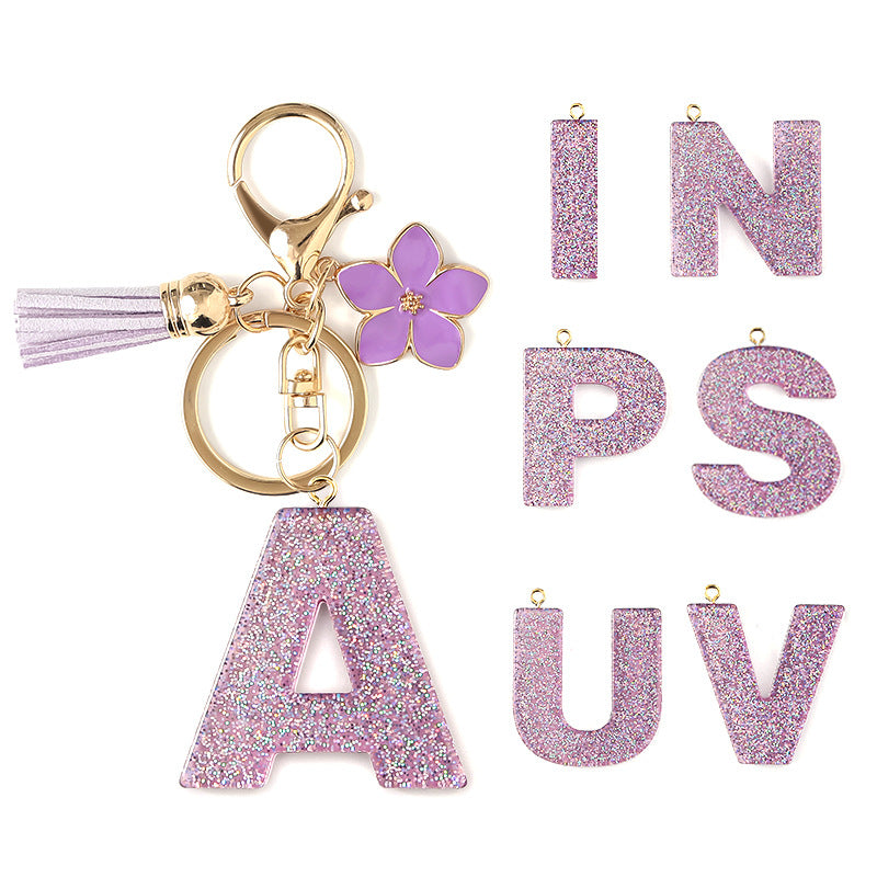 Wholesale Sparkling Pink 26 English Letter Purple Flower Keychain