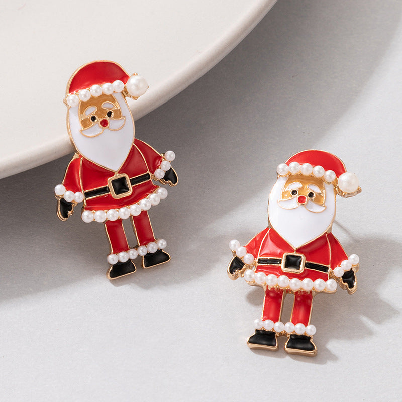 Wholesale Christmas Santa Claus Pearl Alloy Oil Drop Earrings