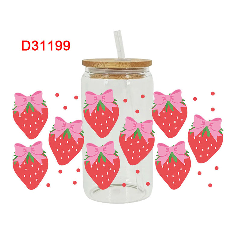 Wholesale Pink Strawberry Bow 16oz Cup UV DTF Wrap