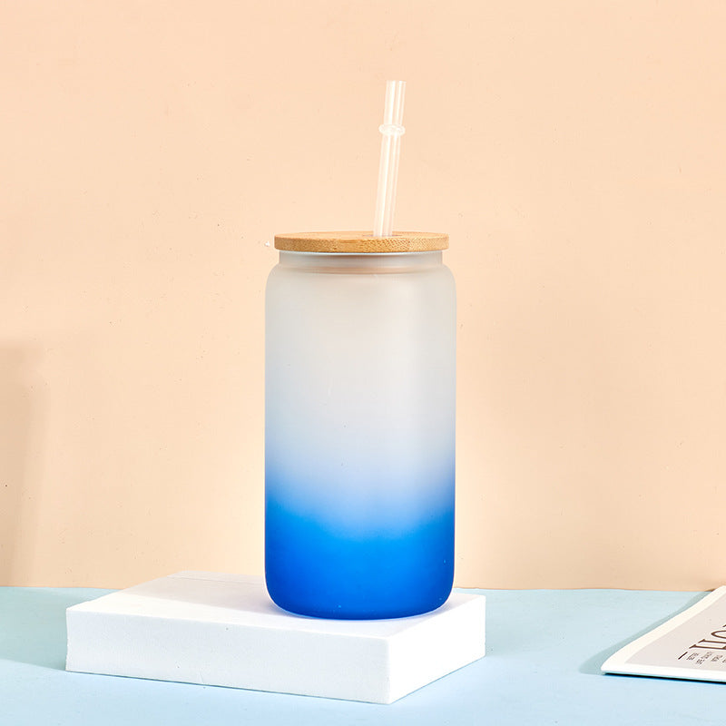 Wholesale Sublimation 16oz Thermal Transfer Frosted Gradient Bamboo Lid Glass