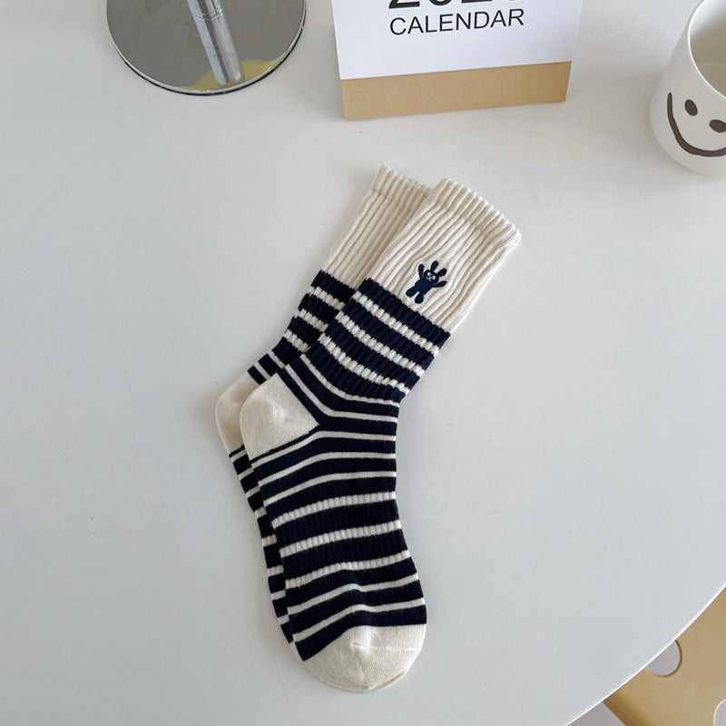 Wholesale Autumn and Winter Striped Embroidered Bunny Trendy Versatile Mid Length Socks