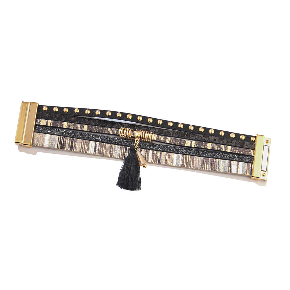 Wholesale Multilayer Tassel Leather Extra Wide Magnetic Closure Bacelet